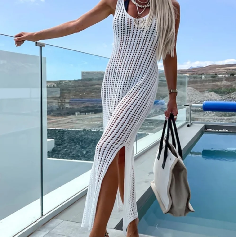 White Openwork Slit Cutout Wide Strap Dress - Picture 5 of 15